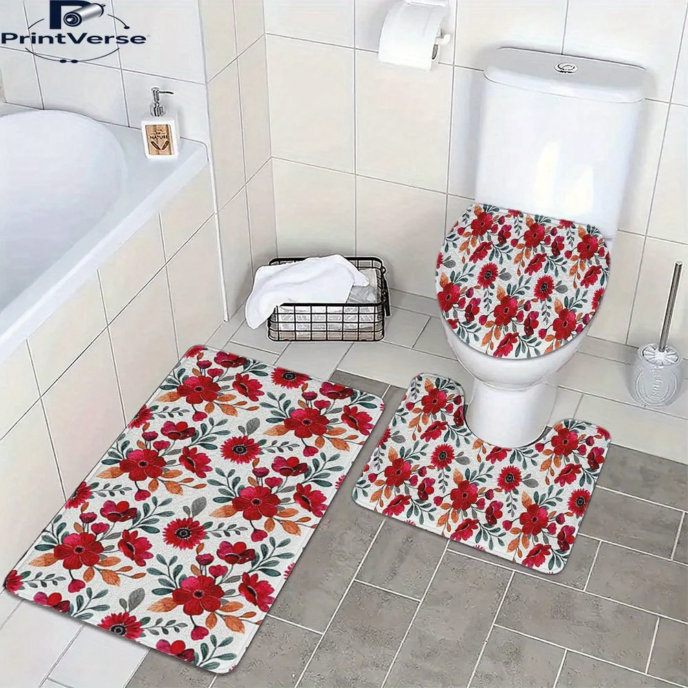 

3pcs Vintage Floral Pattern Non-Slip Bath Mats - Soft Flannel, Machine Washable, 1, 0.79inch Thick, Geometric Design in Red