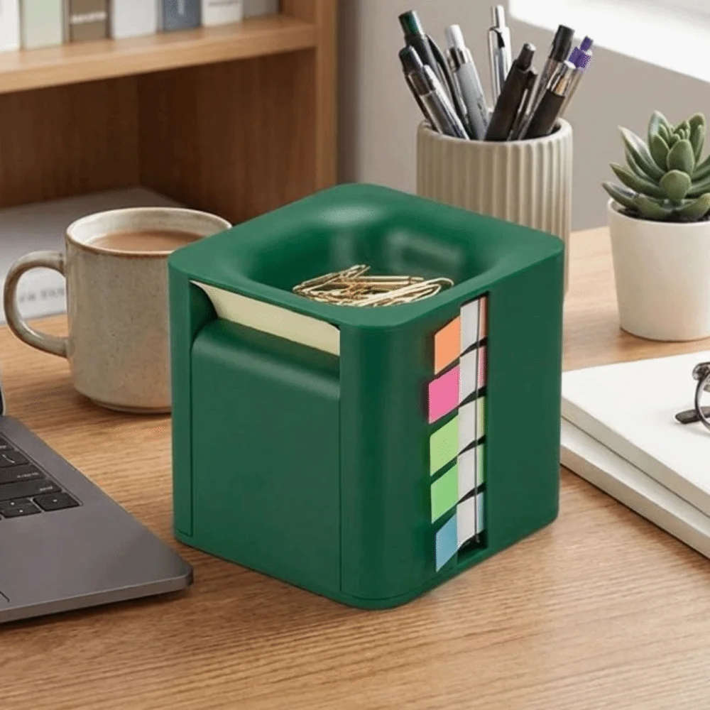 

5-in-1 Sticky Note Dispenser Magnetic Paperclip Absorb Efficient Desktop Note Holder Space-Saving Plastic Memo Pad Storage Box