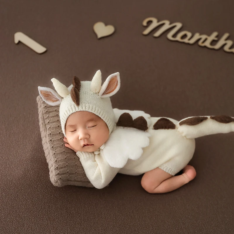 Cute Dinosaur Newborn Outfit For Photography Baby Boy Girl Knitted Rompers Hat With Wings Set Infant Costume Photoshoot Props