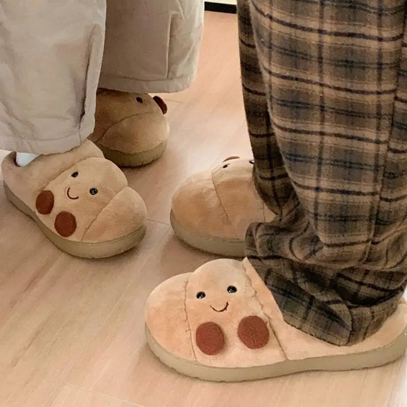 Women Plush Cotton Lined Slippers Bread Shaped House Slippers Anti Slip Bedroom Shoe for Indoor Relaxation 6XDA