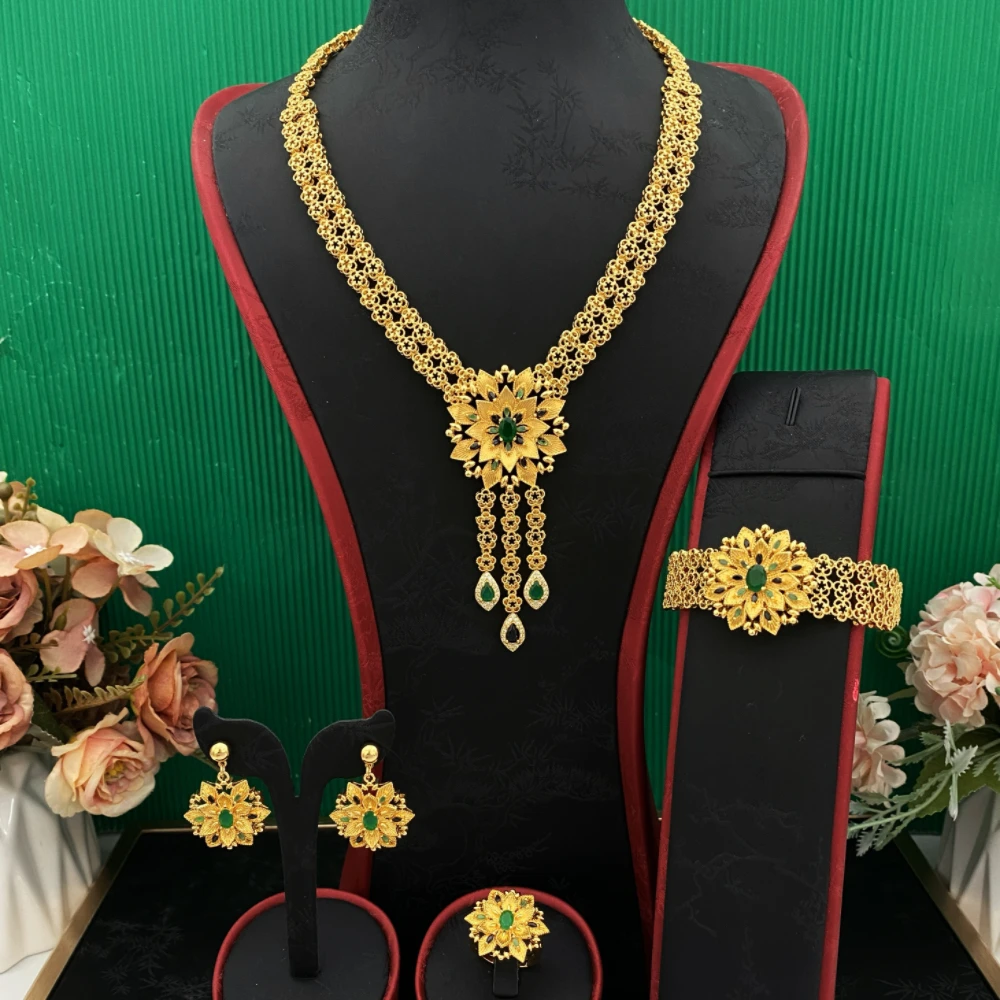 

JRH Luxury Gold Plated Copper Zirconia Women's Jewelry Set Bracelet Ring Necklace Earrings Set for Party Daily
