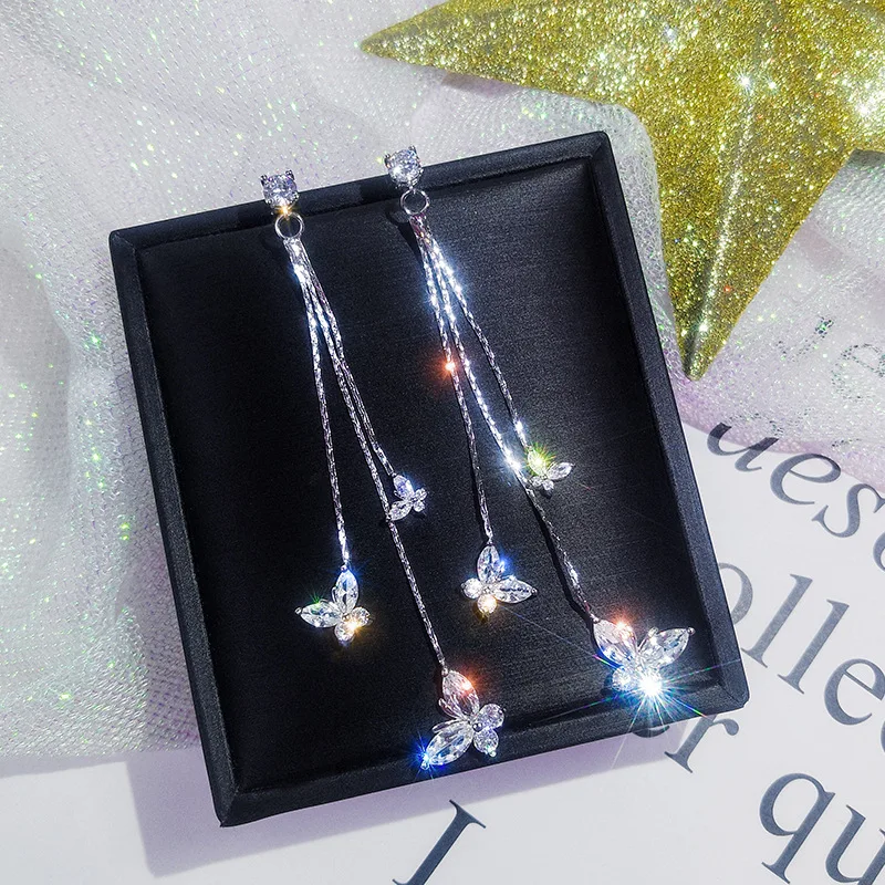 Shiny Crystal Butterfly Dangling Earrings for Women Exquisite Copper CZ Zircon Long Tassel Earring Girls Party Wedding Jewelry