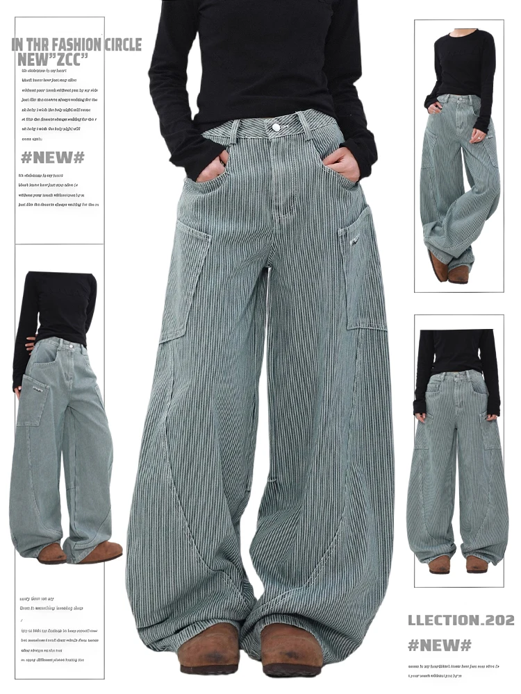 

Summer Women Tomboy Vintage Korean Baggy Striped Mom Jean Japanese Y2K Harajuku Wide Leg Cargo Denim Pants 2000s Old Money Tide