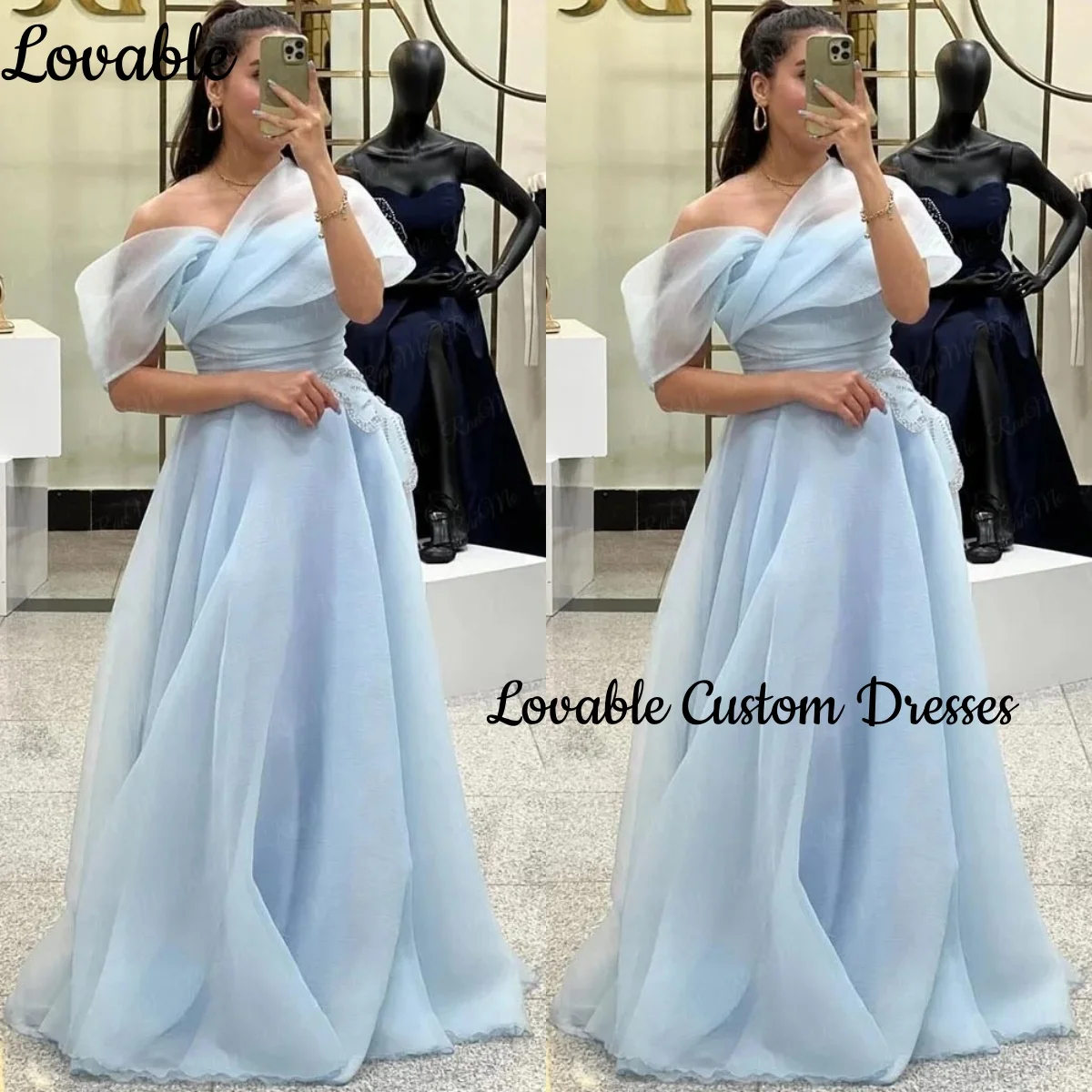 

Бальное платье светло-голубого цвета на заказ, роскошное вечернее платье длиной до щиколотки с рюшами в Дубае, роскошное вечернее платье с короткими рукавами на молнии Up (0)