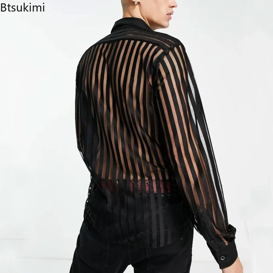 Men's Fashion Long Sleeve Shirts Nightclub Perspective Wear Sexy Breathable Bottom Loose Turn-down Collar Shirt Male Tops Tees