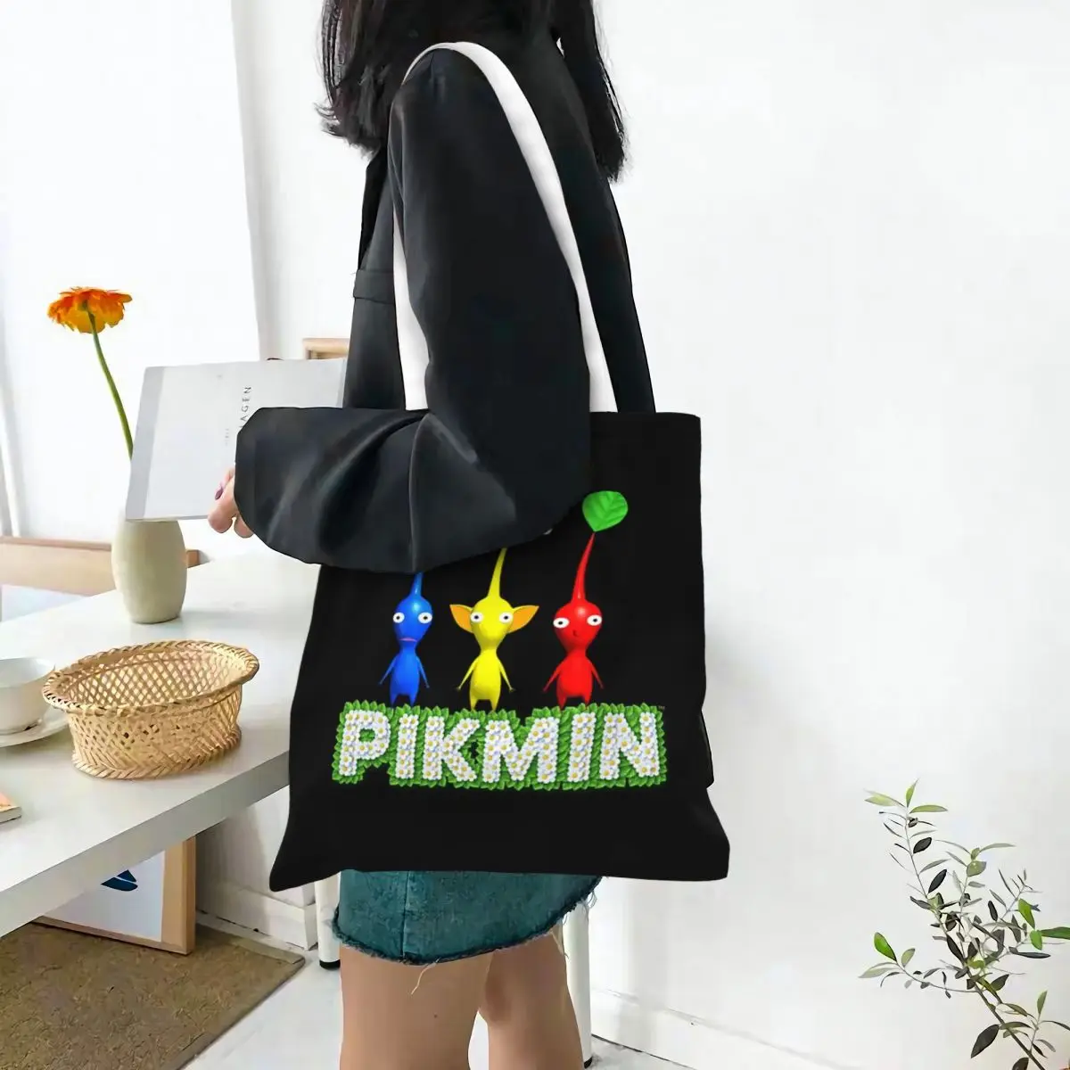 피크민 쇼핑백 캔버스 토트백 여성용 접이식 숄더 토트 여행용 핸드백