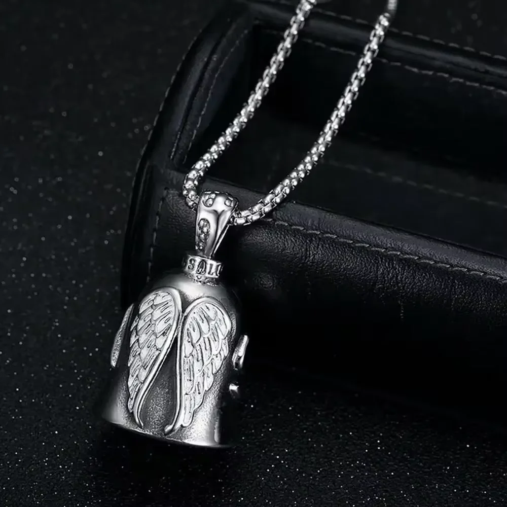 Portable Riding Bell Angel Wings  Pendant Motorcycle Bell Necklace For Men  Amulet Accessories Jewelry Gift
