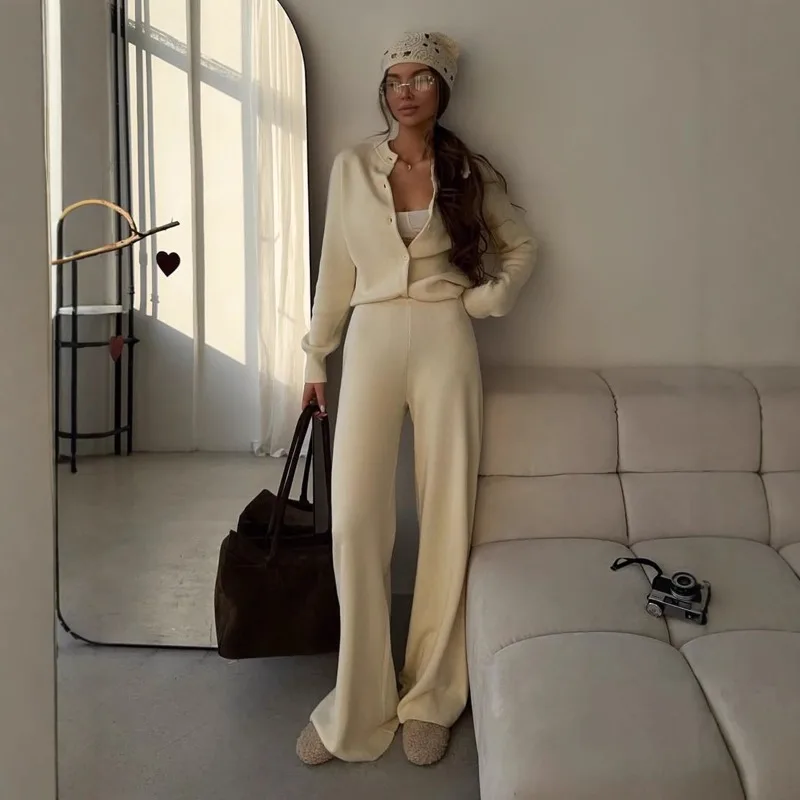Long-sleeved Shirt Pants Knitted Set Nautumn Simple Solid-color Sweater From Europe America Cross-border Foreign Trade Cardigan