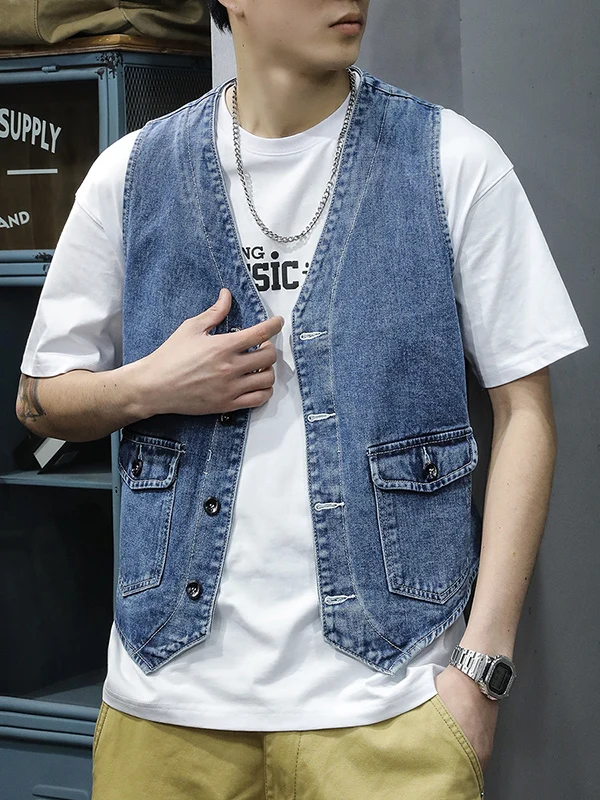 

Retro Denim Vest Men's Spring Autumn INS Haome V-ne Trendy oulder Bal Svel Workwear Jaet High Street Faion