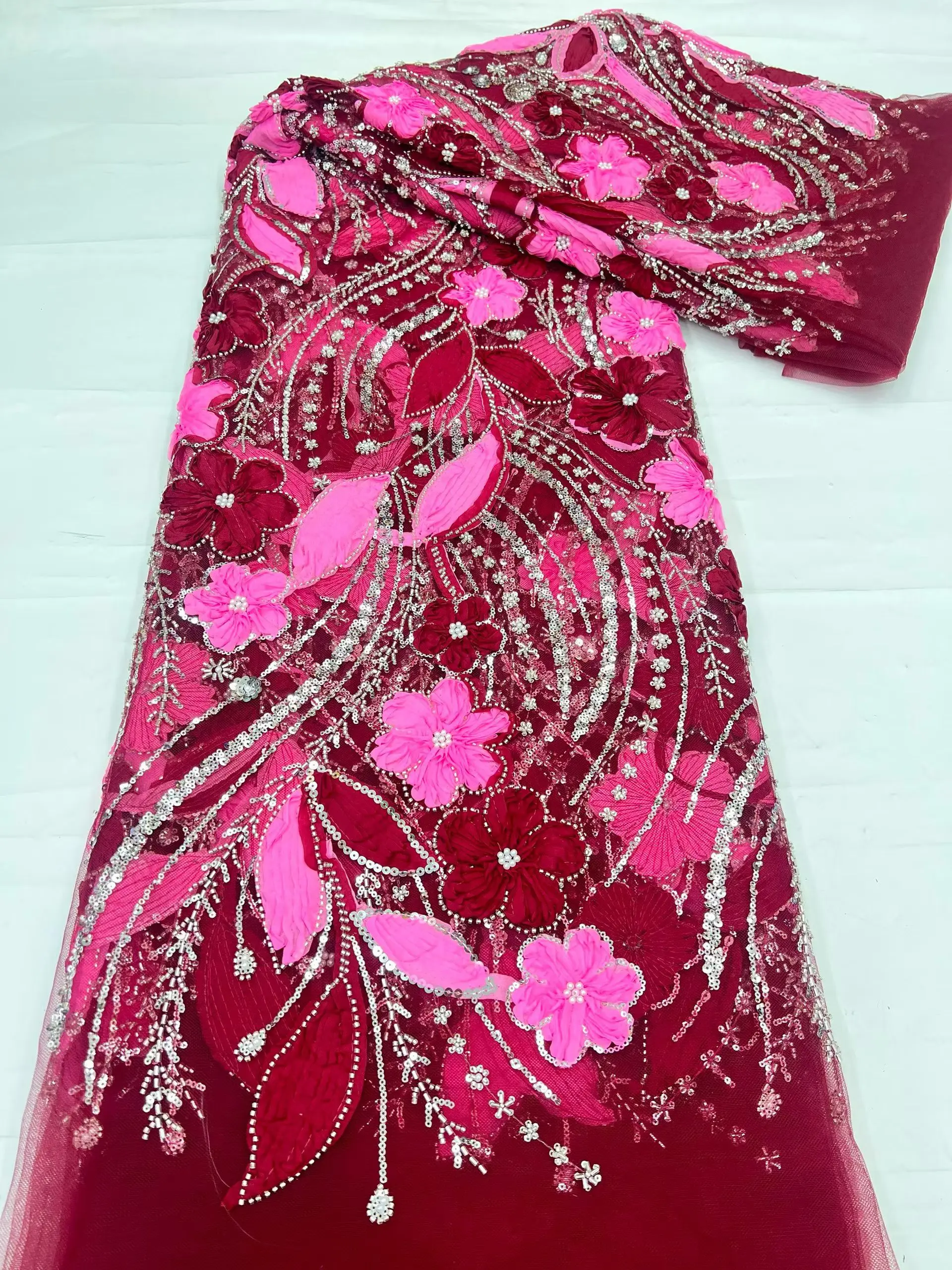 Top Grade Handcut African Nigerian Sequins Tulle Lace Fabric Sewing Net Cloth Prom Dresses Beads Embroidery High Quality HD112