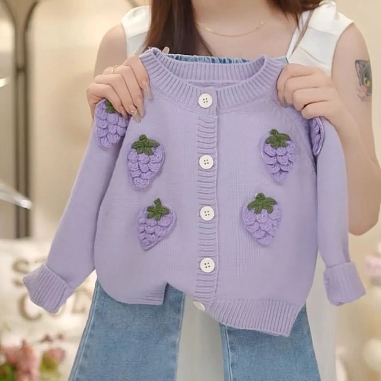 Children Girls 2024 Autumn Winter Clothes Set Purple Velvet Grape Kid Girls Cardigan INS Flower Embroidery 1-8Y Girls Pants Suit