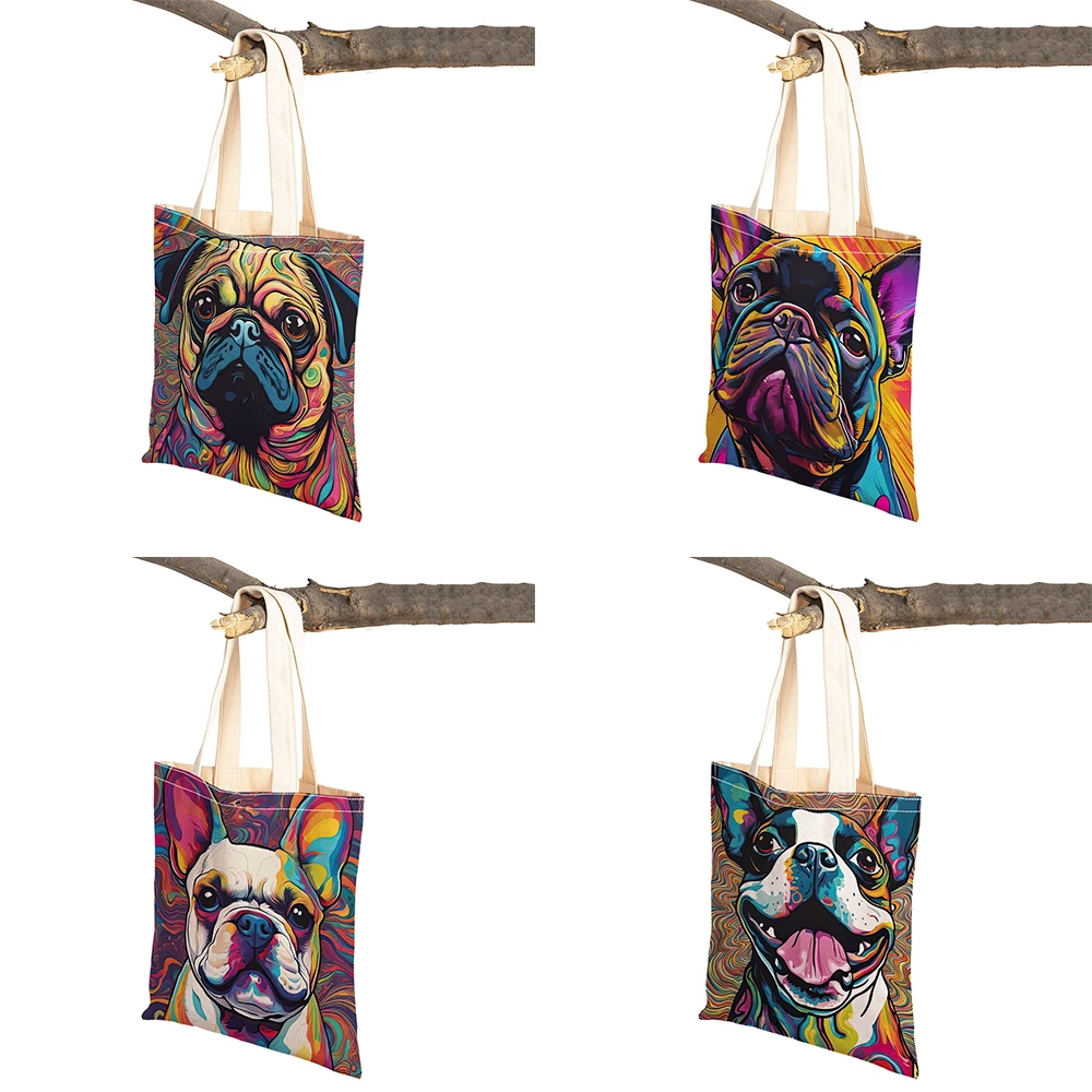 Bolso de mano con estampado de animales de dibujos animados, bolsa de hombro de lona informal, retrato de perro colorido, Boston Terrier, Bulldog