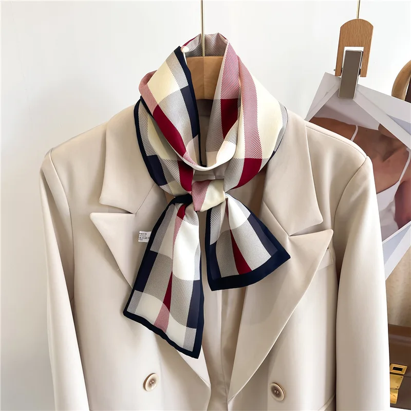 Suitscarf plaid waistband small long strip hairband silk scarf thin ribbon tie packaging decoration women's double-sidedprinting