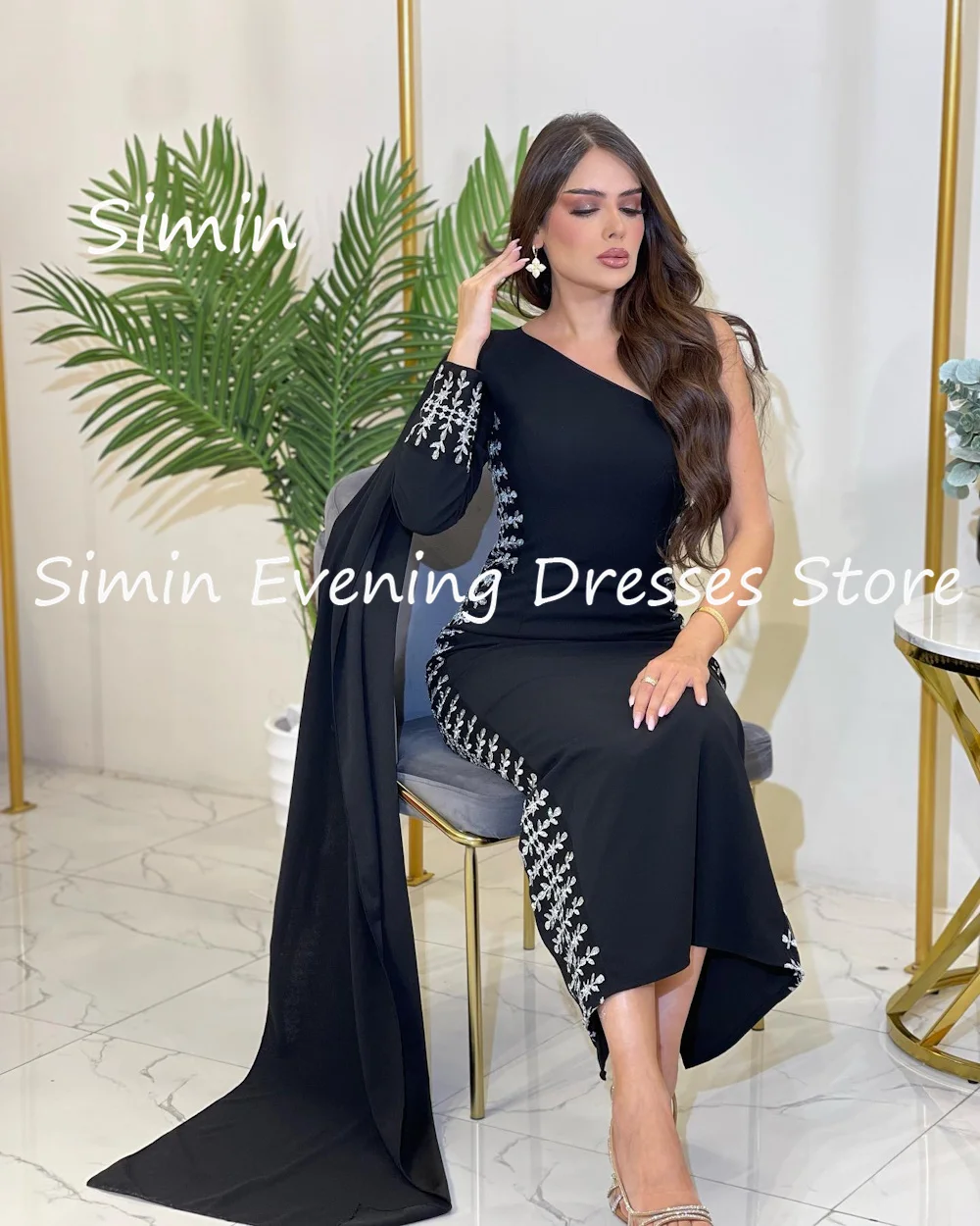 Simin Satin Mermaid One-shoulder Sequins Arab Formal Prom Gown Ankle-length Saudi Evening Elegant Party dresses for women 2023