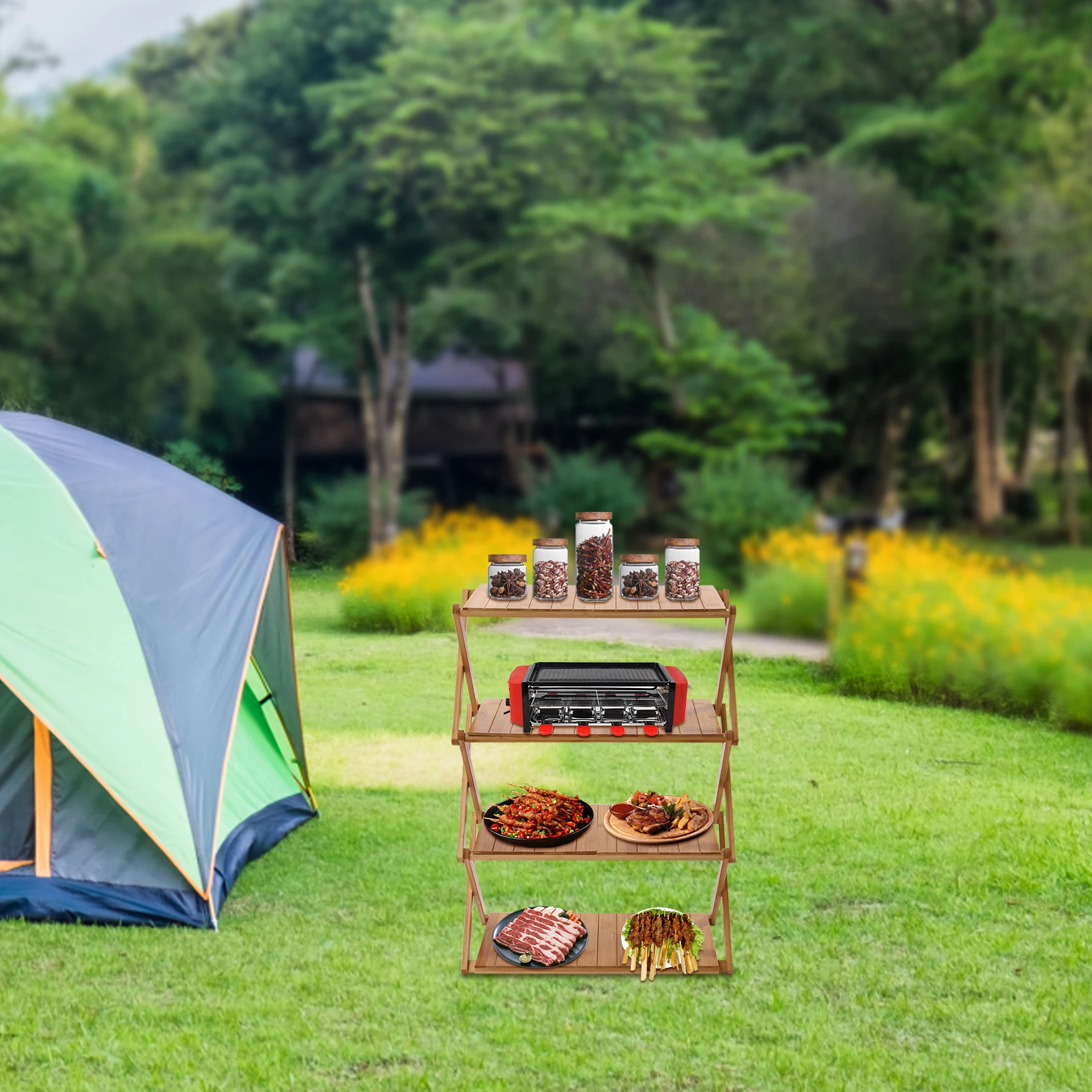 4Tiers Foldable Outdoor Picnic Table Portable Bamboo Outdoor Shelf for Outdoor Kitchen RV for Picnic BBQ Large Capacity Natural