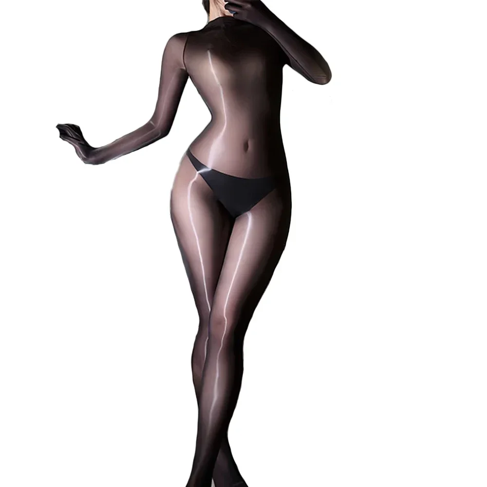 Women's 10D Elastic Shaping Bodysuit Oil Shiny Glossy Fashion Tights Woman Bodystocking Yoga Jumpsuit Maid Leotard Gloves Sleeve