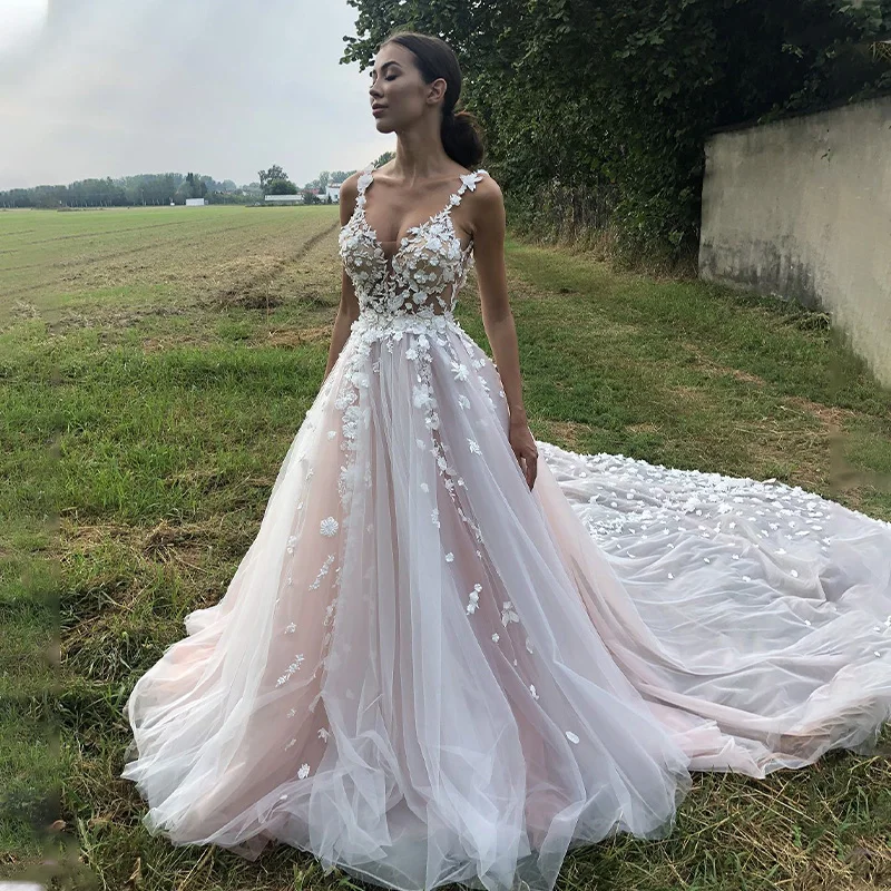 Robe de Mariée Rose Poudré à Deux Bretelles, Col en V, Motif Floral 3D, Ligne A, avec Poignées Dos aux, Traîne Amovible, Patients Formels Cultivés pour Femme