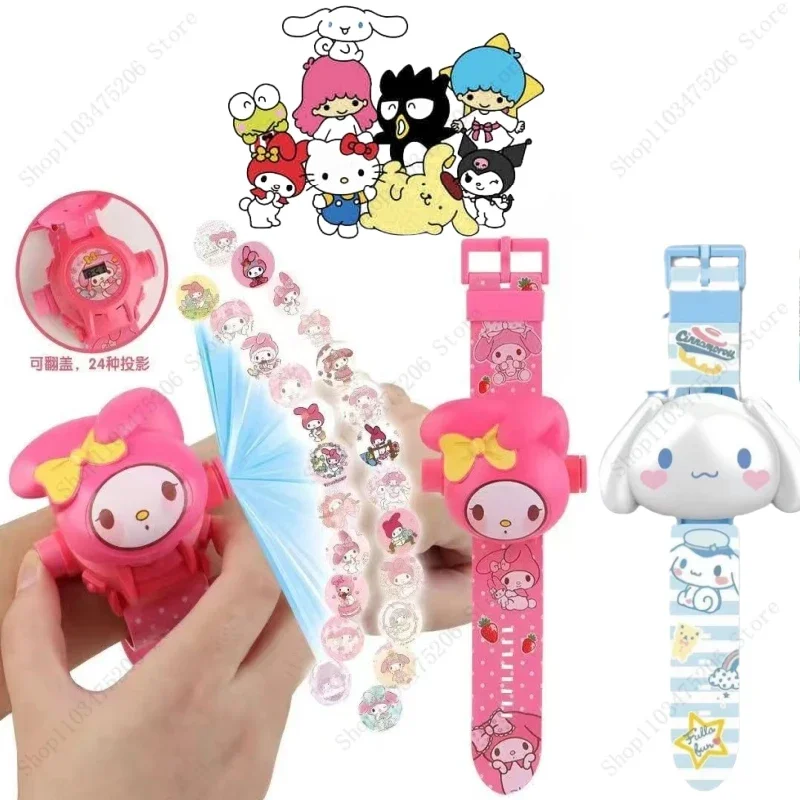 2024 jam tangan Kawaii Cinnamoroll Kuromi mainan anak kartun Clamshell proyeksi jelas pengembangan intelektual jam tangan elektronik