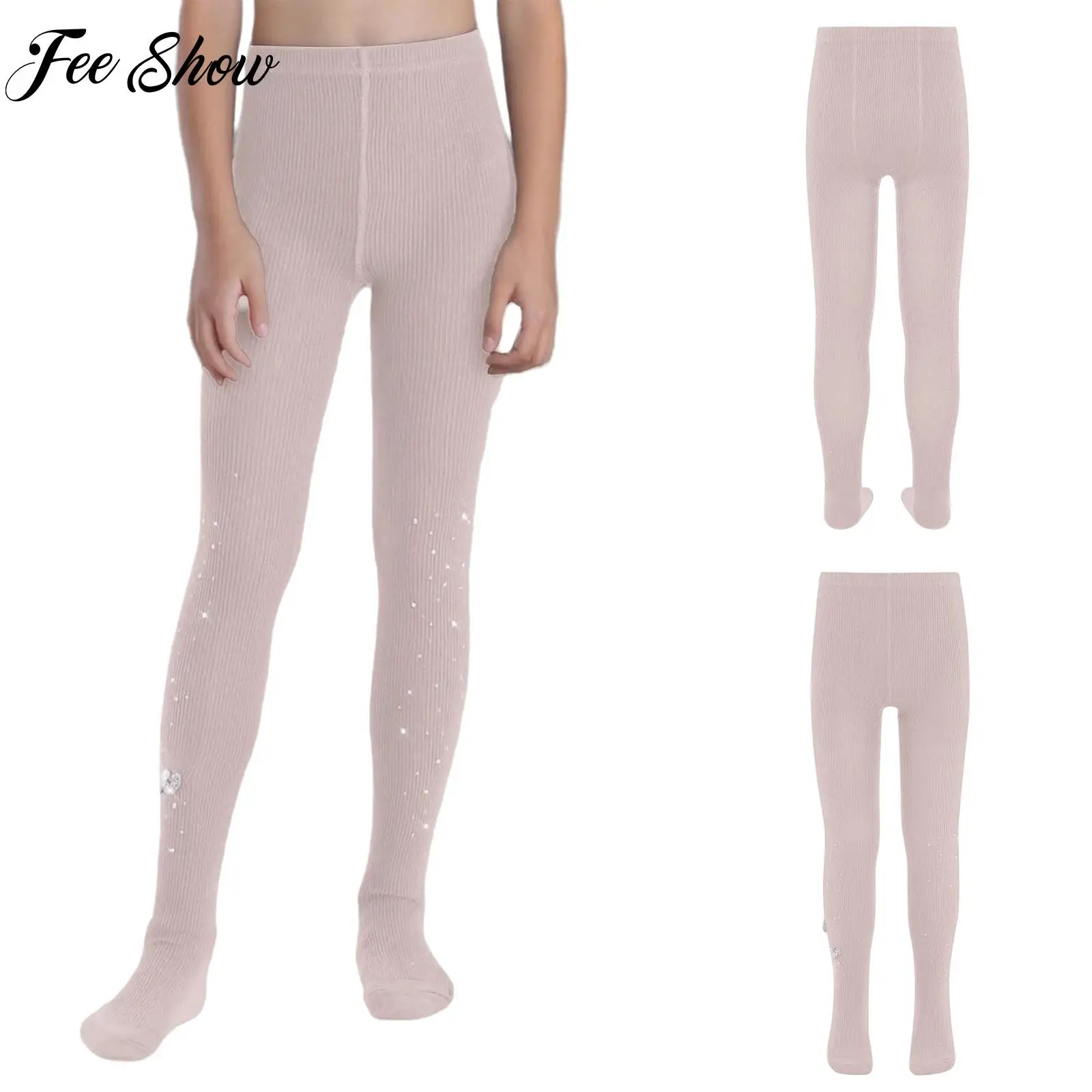 

Teen Girls Cute Hearts Rhinestones Casual Tights Stretchy Ribbed Pantyhose Solid Color Footed Leggings for Dance Weekend Holiday