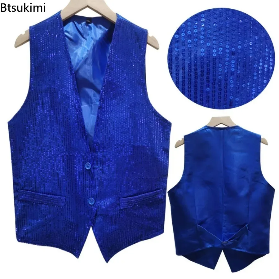 Men's Sparkling Sequins Vests Fashion Mans Sleeveless Waistcoat for Jazz Hip-hop Rave Dance Party Clubwear Performance Costume
