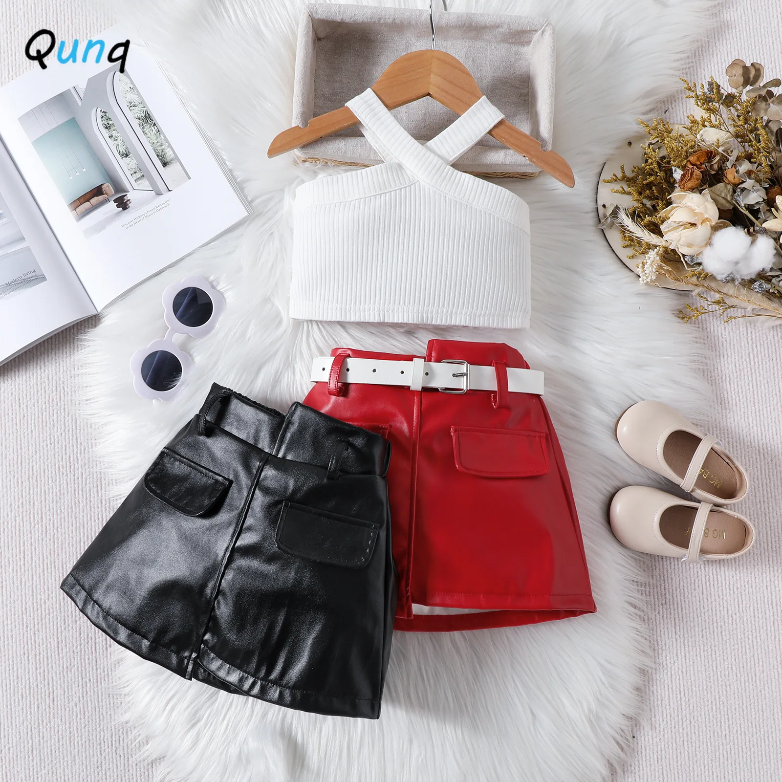 Qunq 2024 Spring Children\'s Wear Solid Color Cross Cut Off Shoulder Hanging Neck Tank Top Short Skirt Belt Three piece Set 2T-5T