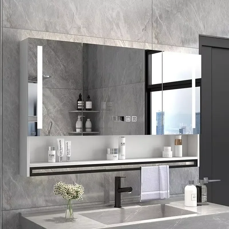 Modern LED Intelligent Water Resistant Mirrored Wall-Hanging Solid Wood Bathroom Cabinet Multi-Layer Separate Toilet Storage