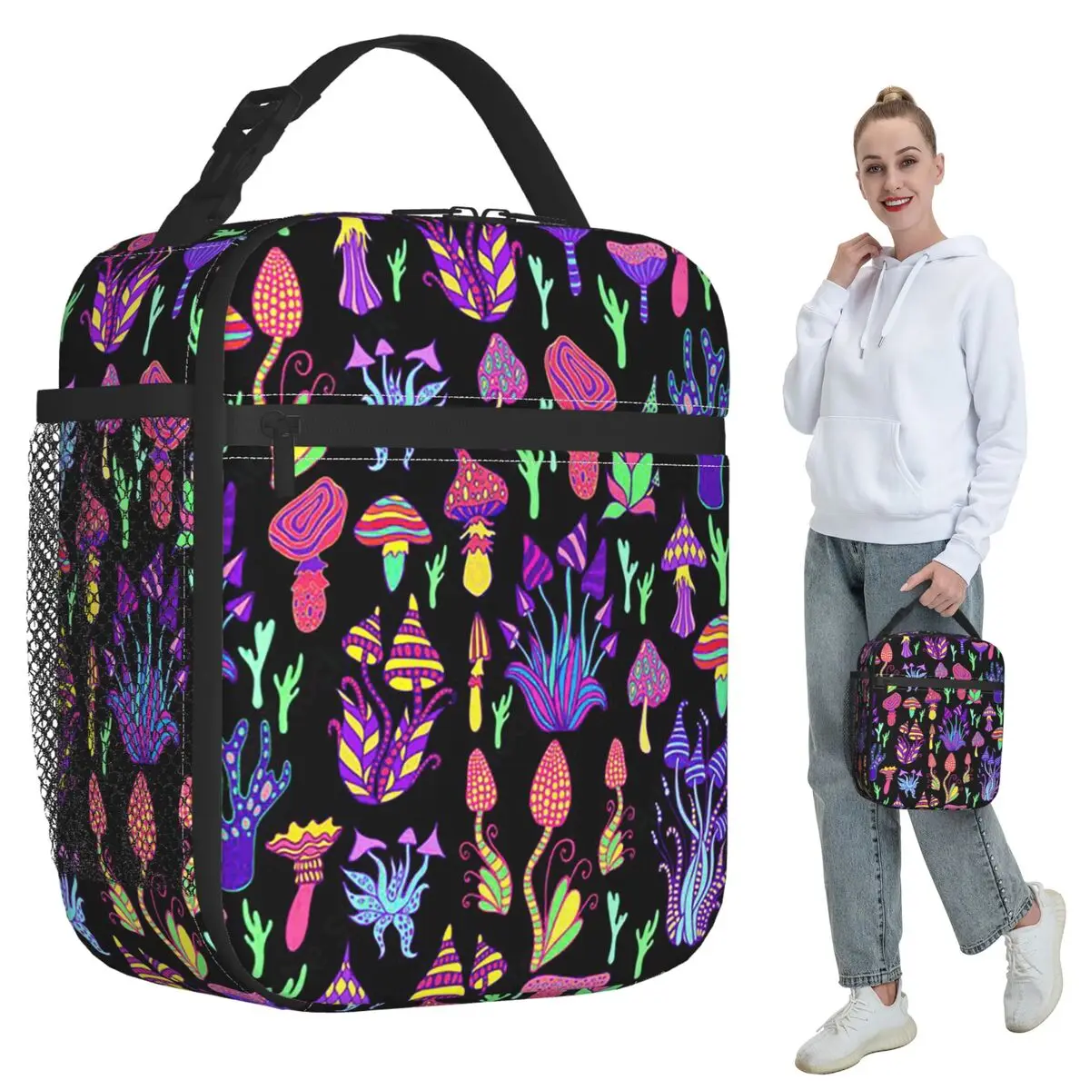 Isolierte Lunchtasche mit bunten magischen Pilzen für Kinder, Schulkühler, Thermo-Lebensmittelbox, tragbare Lunchboxen, Behälter