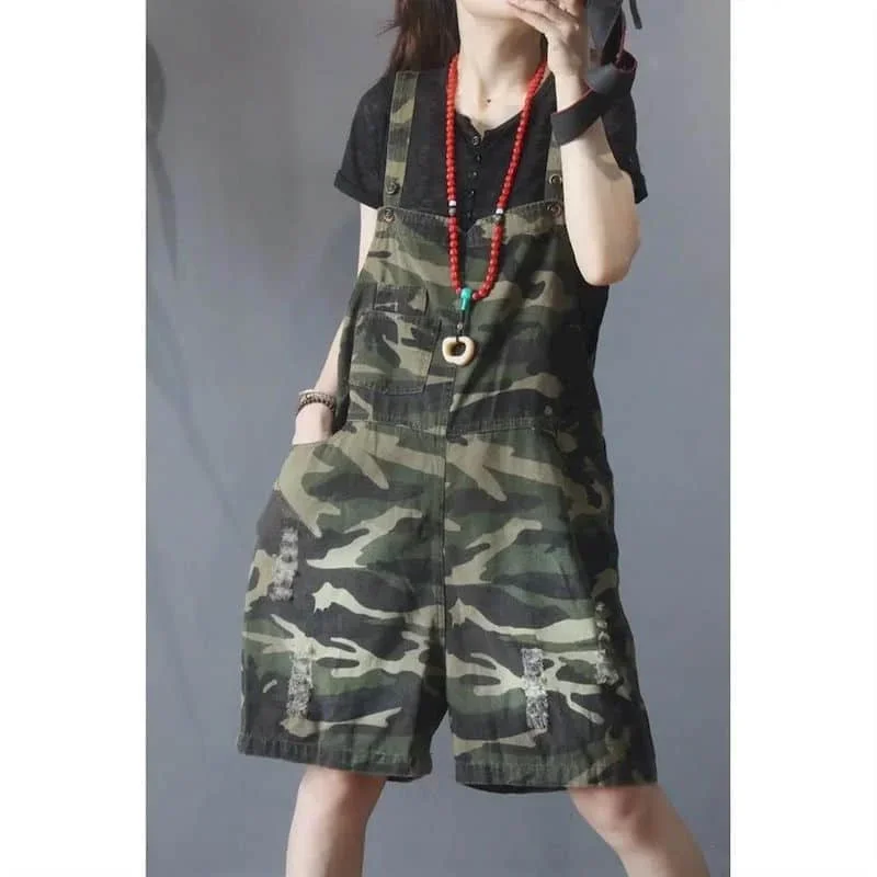 

Denim Jumpsuits Women High Waist Camouflage Overalls Loose Oversized Playsuits Casual One Piece Outfits Women Wide Leg Shorts