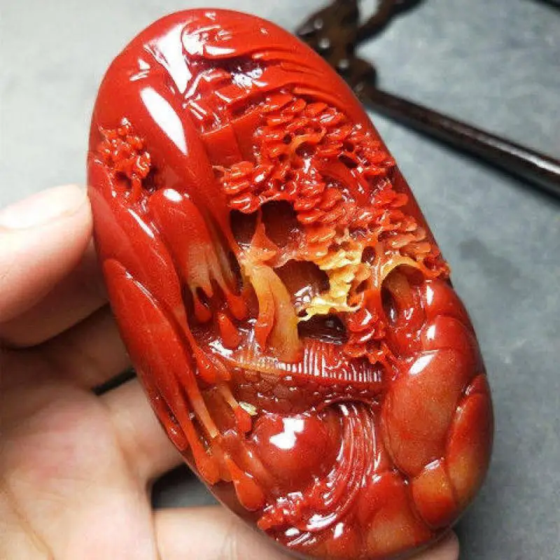 Shoushan Stone Hand Piece Landscape Figure Carving Handheld Ornament Chinese Stone Sculpture Collectible Craft Decor Gift