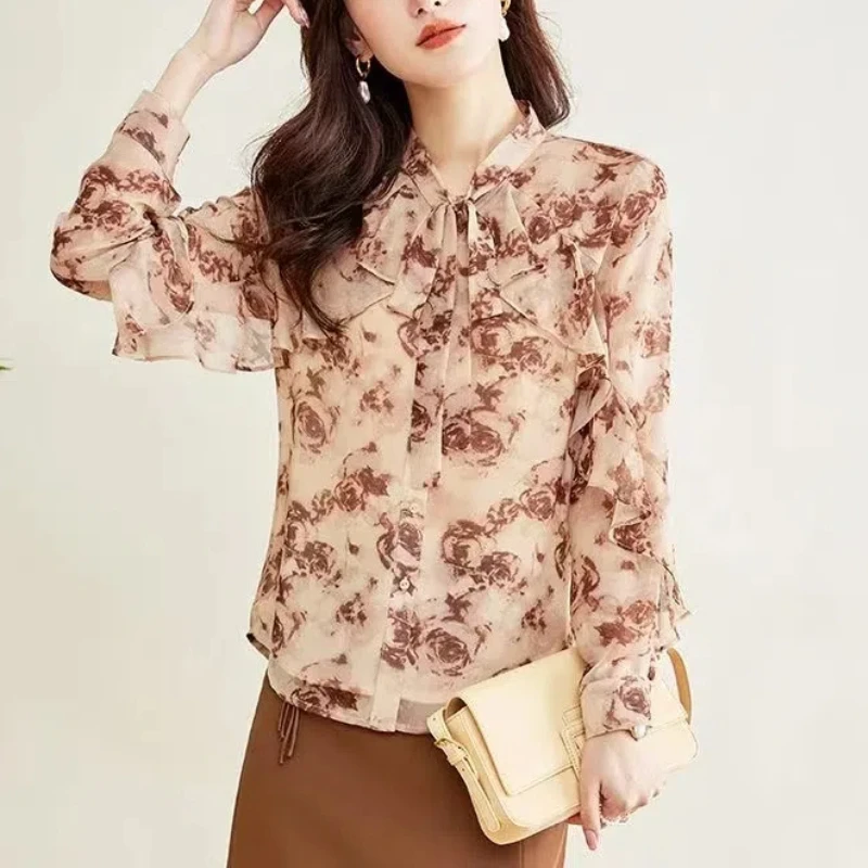 Spring Autumn Fashion Scarf Collar Long Sleeve Chiffon Printing Blouses Women\'s Clothing Edible Tree Fungus Bow Versatile Shirts