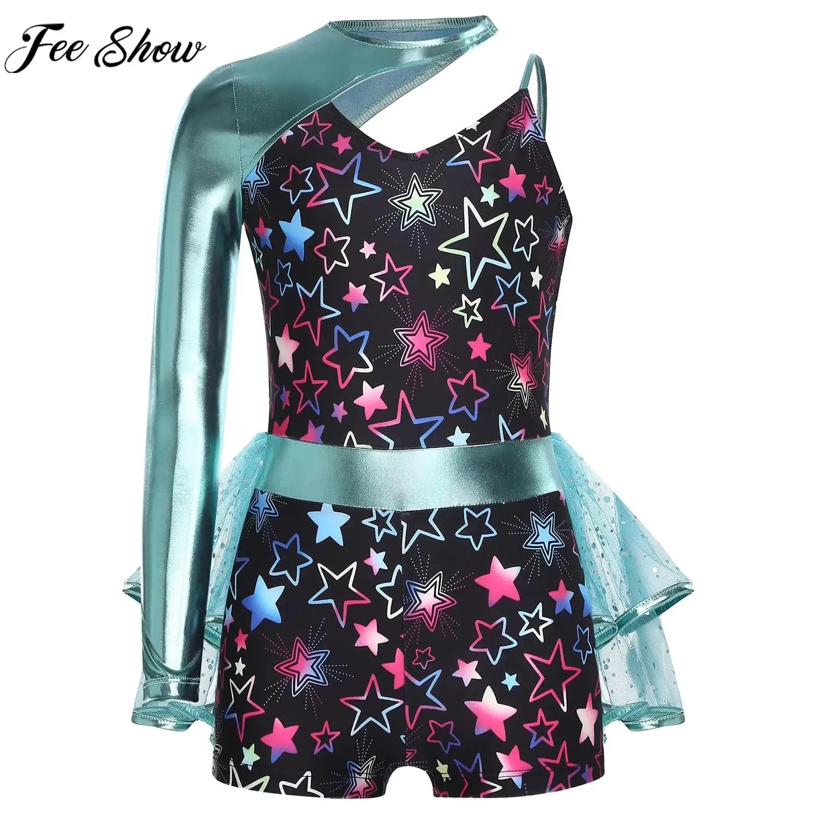 

Kids Girls Gymnastics Ballet Dance Figure Skating Acrobatics Performance Costume One Shoulder Print Sequin Mesh Tutu Bodysuit