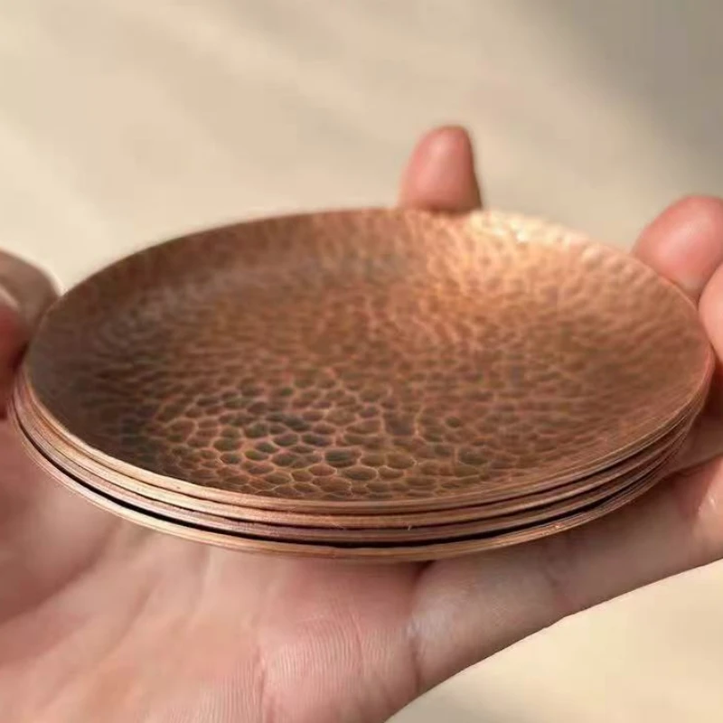 Mini Vintage Red Copper Coffee Cup Tray,Engraving Hammer Texture Home Breakfast Cheese Tableware,Snack Disc Table Decoration
