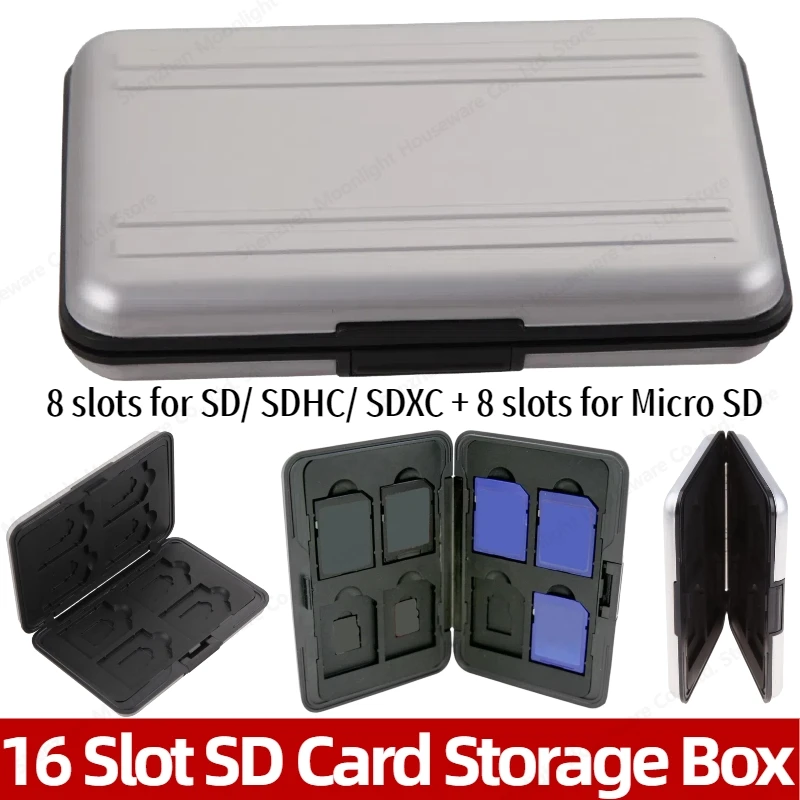 16 Slot Memory Card Case Silver SD Card Holder SDXC Storage Holder Aluminum Protector Storage Box for SD/ SDHC/ SDXC for MicroSD