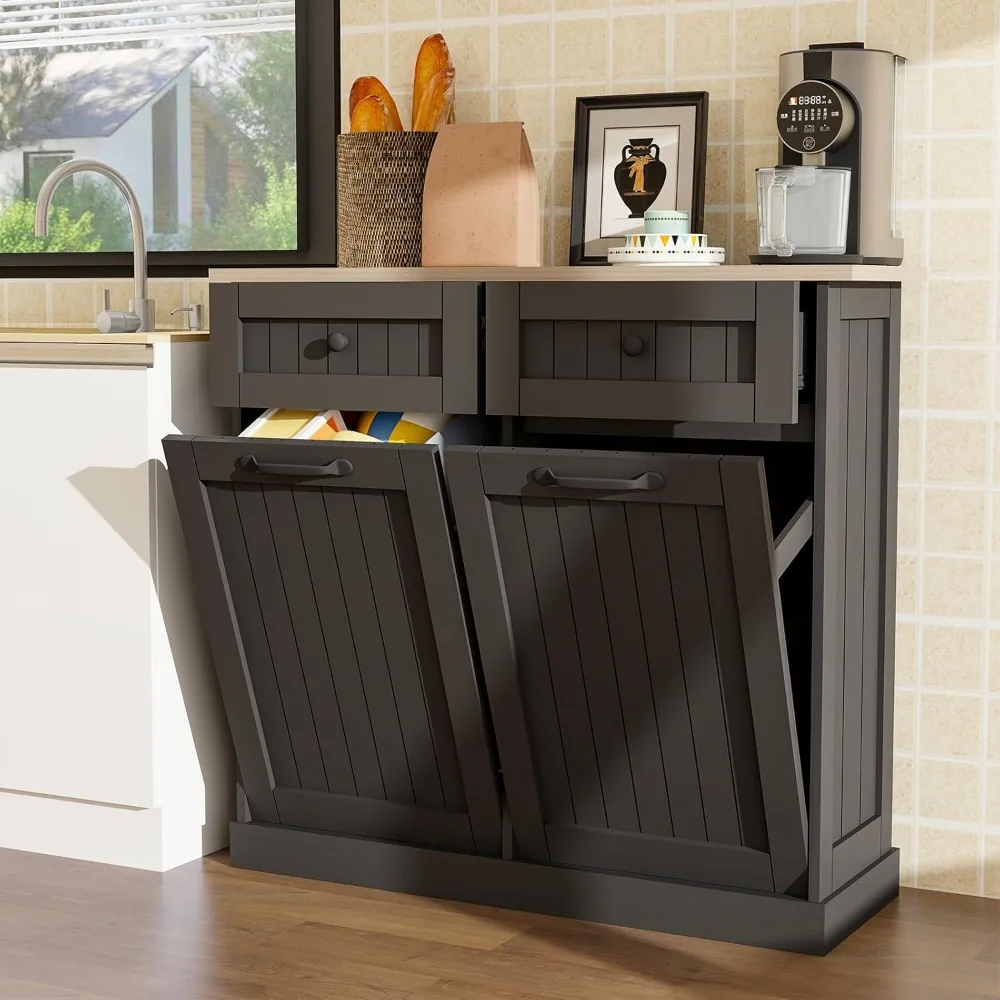 Double Tilt Out Trash Cabinet Waste Bins with Storage Drawers - Durable MDF Wood, Spacious Kitchen Garbage Bin Organizer