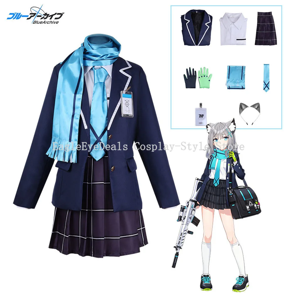

Blue Archive Sunaookami Shiroko Cosplay Costume Gloves Badge Earrings JK Uniform Outfit Cute Vitality Halloween Party Stage Suit