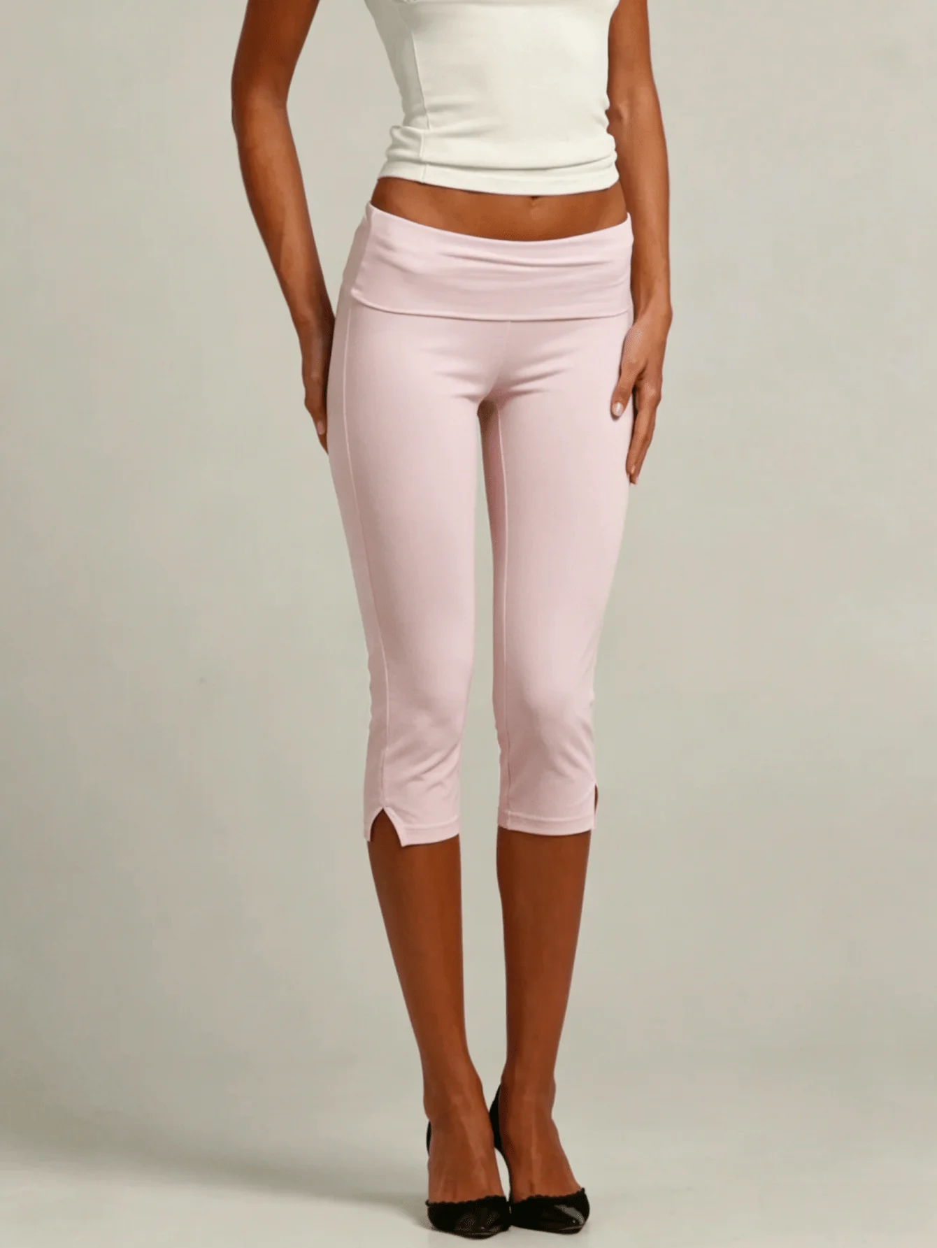 Women Y2K Fold Over Capri Pants Low Rise Knee Length Yoga Leggings Rollover Stretchy Slim Fit Cropped Summer Going Out