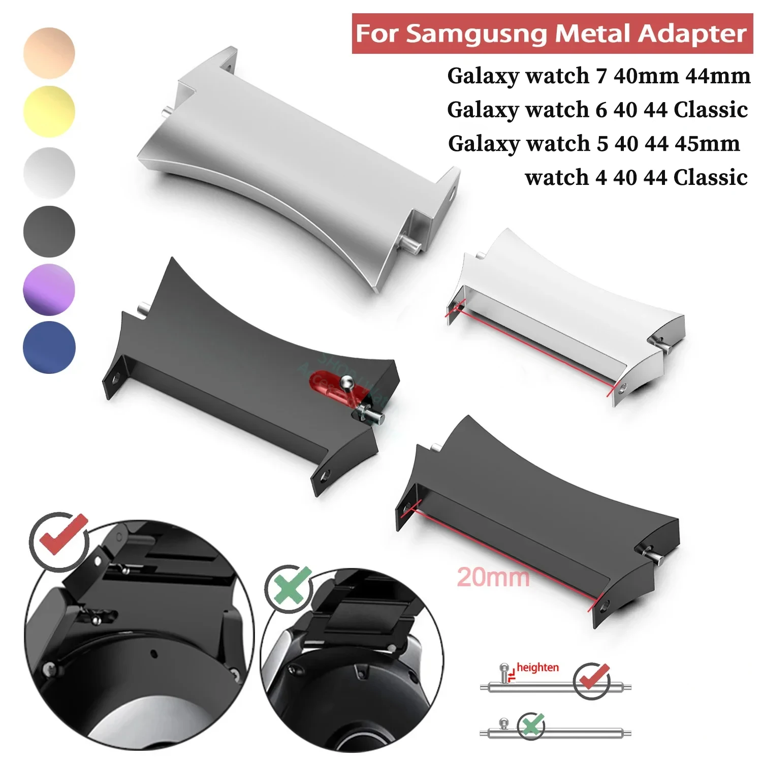 2pcs Metal Connector for Samsung Galaxy Watch 7 6 5 4 40mm 44mm Pro Watch Band Adapter for Galaxy Watch Classic Connectors