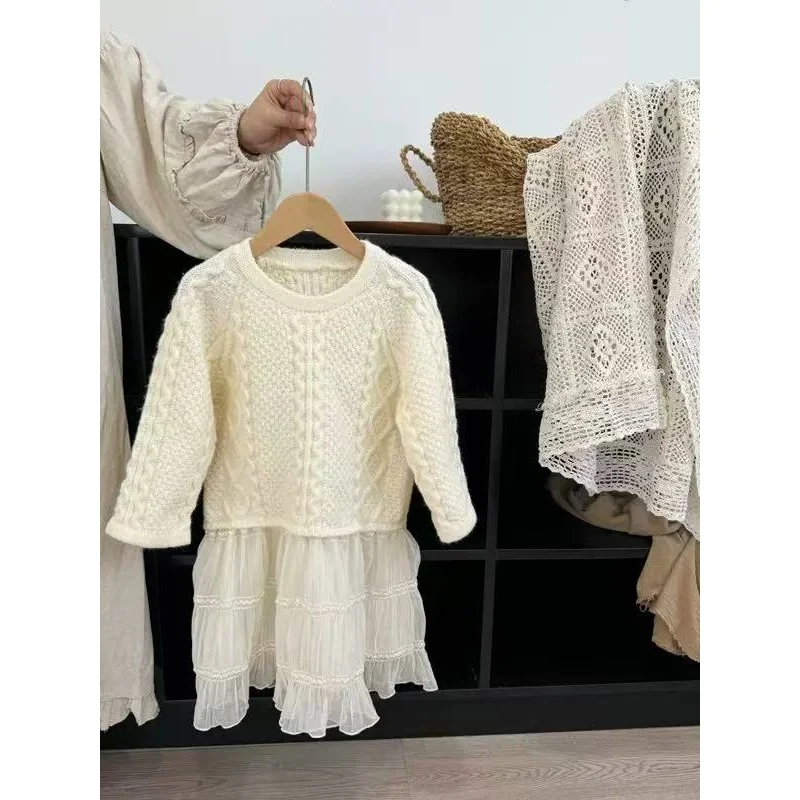 Children's Dress Autumn Winter Girls' Fried Dough Twists Knits Patchwork Mesh Dress Children's Sweater Princess Dress