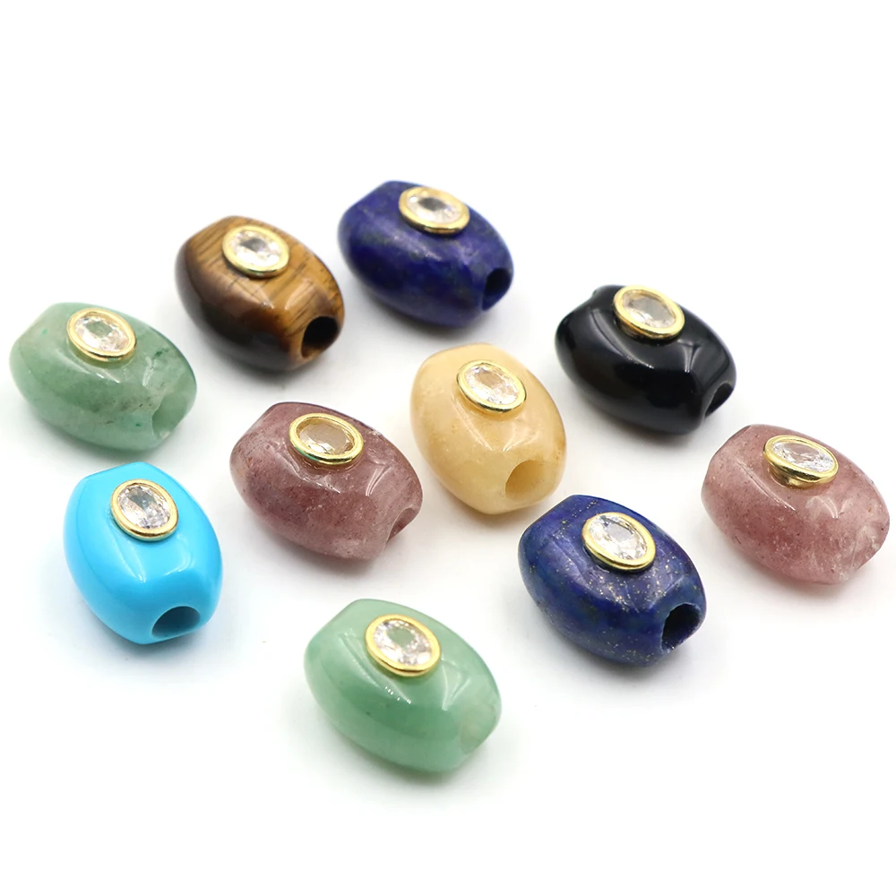 20mm Natural Stone Flat Barrel Bead Inlaid White Zircon Large Hole Loose Gemstone Spacer Beads for Handmade Jewelry DIY Bracelet