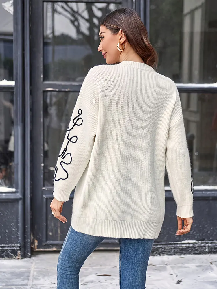 Nuovo pullover a maniche lunghe con scollo tondo floreale stampato casual Maglione lavorato a maglia caldo beige morbido di alta qualità Top moda da donna 2025