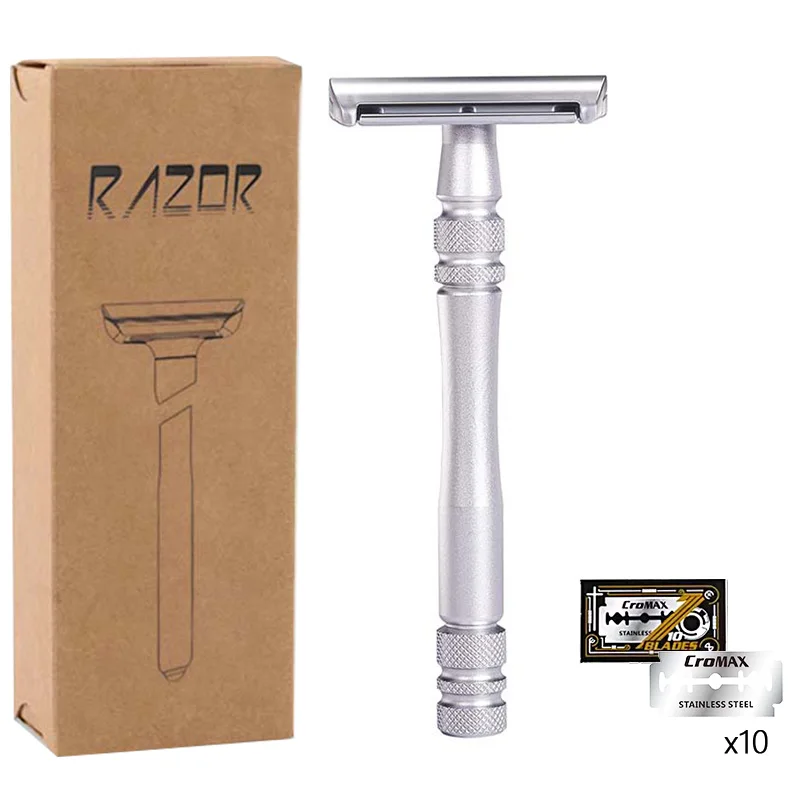 Double Edge Safety Razor Manual Metal Reuseable Wet Shave for Men ( 10  Blades)