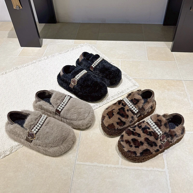 2026 New Fleece-Lined Pearl Fashion Casual Outdoor Popular Thick-Soled Women's Slippers