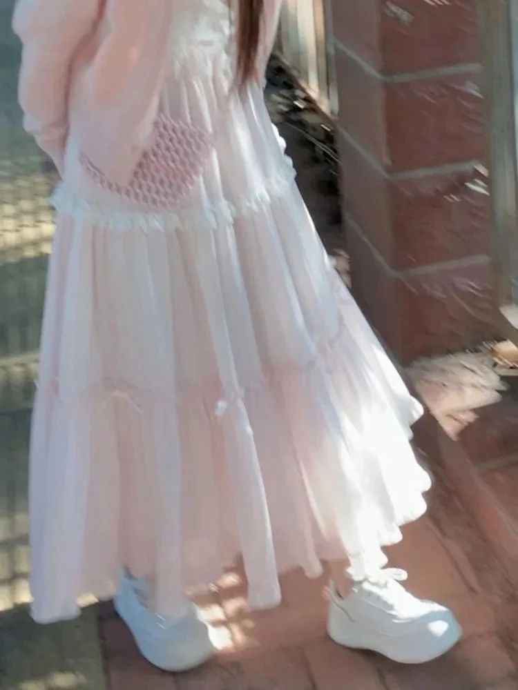 Sweet Skirts Women Bowknot Lace Patchwork Stretch High Waist Spring 2025 Fashion Elegant Long Skirt Female Casual