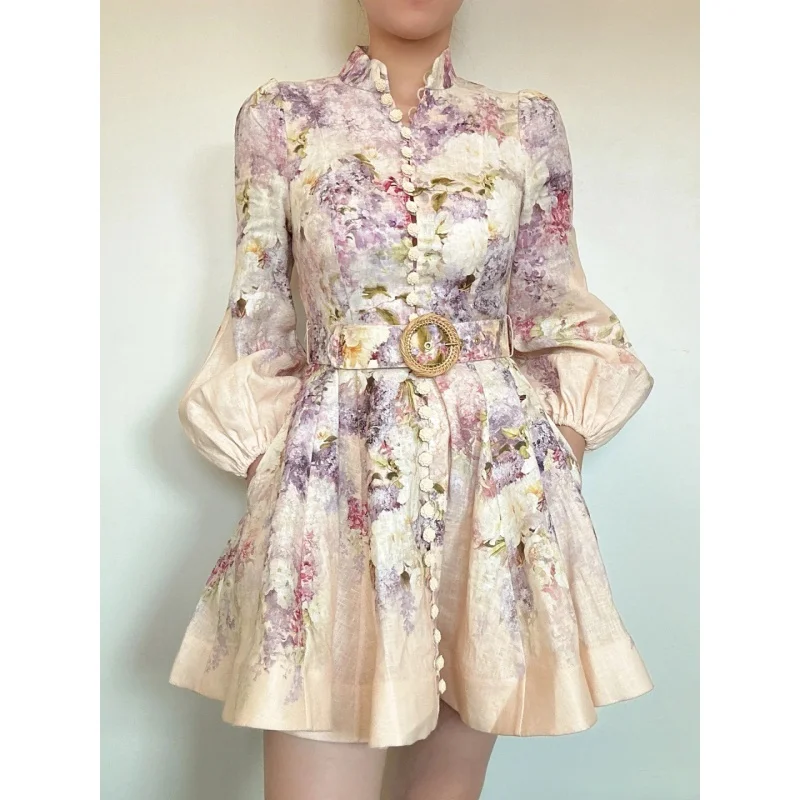 

2024Spring New French Printed Linen Princess Long Sleeve Lantern Sleeve Court Style Waist-Tight Pettiskirt Dress