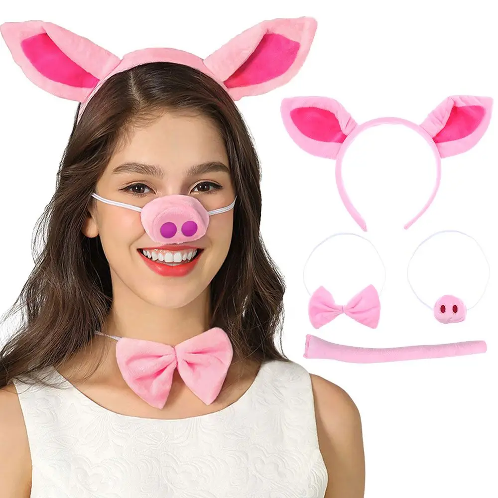 Funny Pig Ears Nose Tail Bow Tie Pink Pig Fancy Dress Costume Kit for Adults Kids Halloween Dress-up Play Costume Accessories