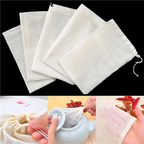 10Pcs Cotton Tea Bags Muslin Drawstring Straining Bag For Tea Herb Bouquet Spice 8x10cm Coffee Pouches Tools