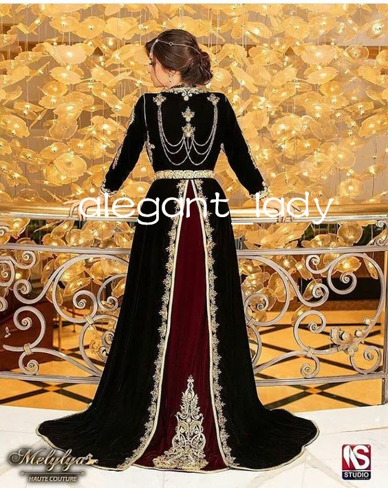 Black Burgundy Algerian Caftan Prom Dresses with Long Sleeve Gold Lace Velvet kaftan Morocco Arabic Evening Birthday Gown