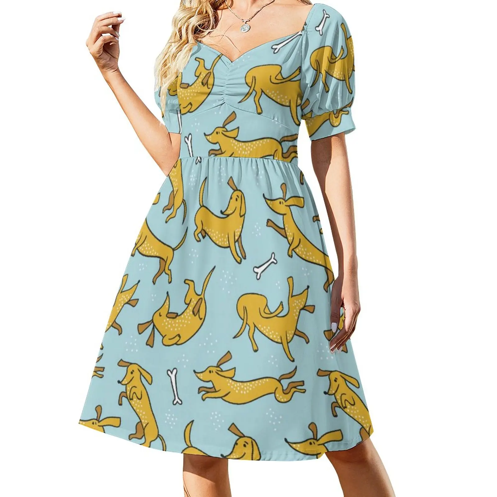 Cute Dachshunds Dog And Bones Pattern Casual Dress  Street Wear Dresses Elegant Dress Female V Neck Oversized Clothes