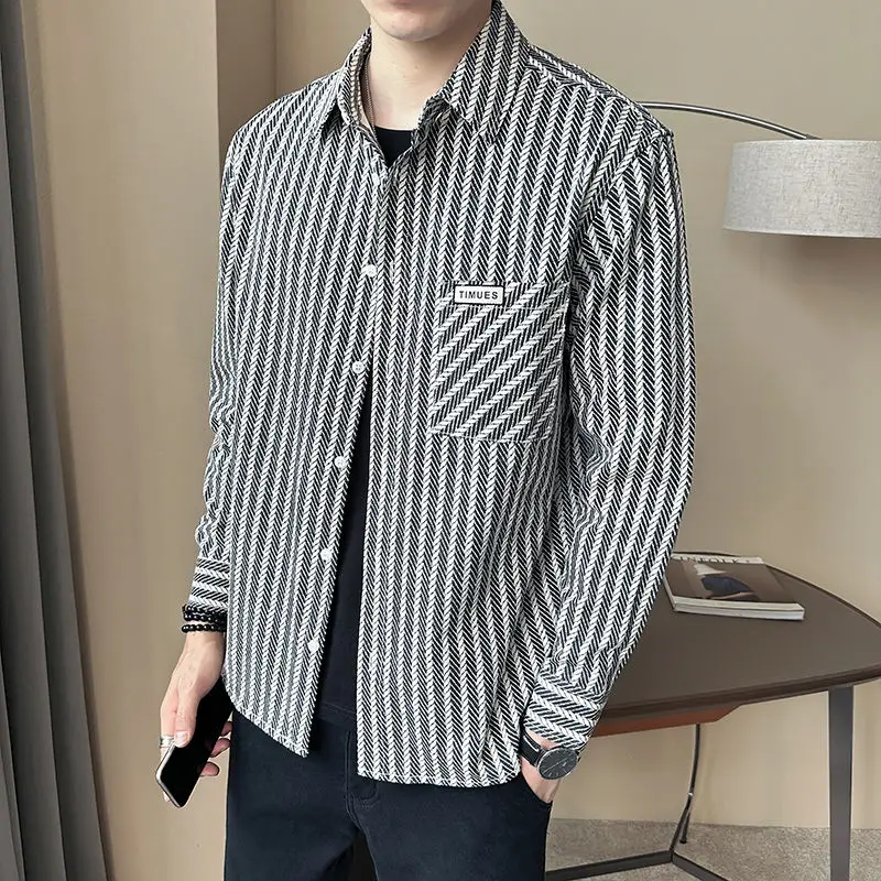 Spring Autumn New Fashion Turn-down Collar Long Sleeve Striped Blouse Men\'s Clothing Casual Loose All-match Trend Button Shirts