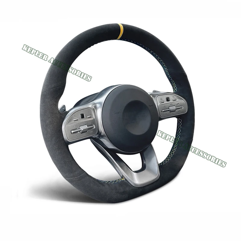 Alcantara Steering Wheel Cover Genuine Leather Yellow Thread Non-Slip Car Accessoires For Mercedes Benz W177 W205 W213 W222 W463